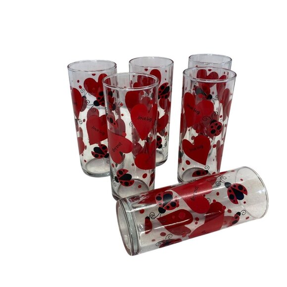 Set of 6 Love Bug Ladybug Valentine Heart Glasses – Retro 1990s Tall Drinking Tu - Picture 3 of 5